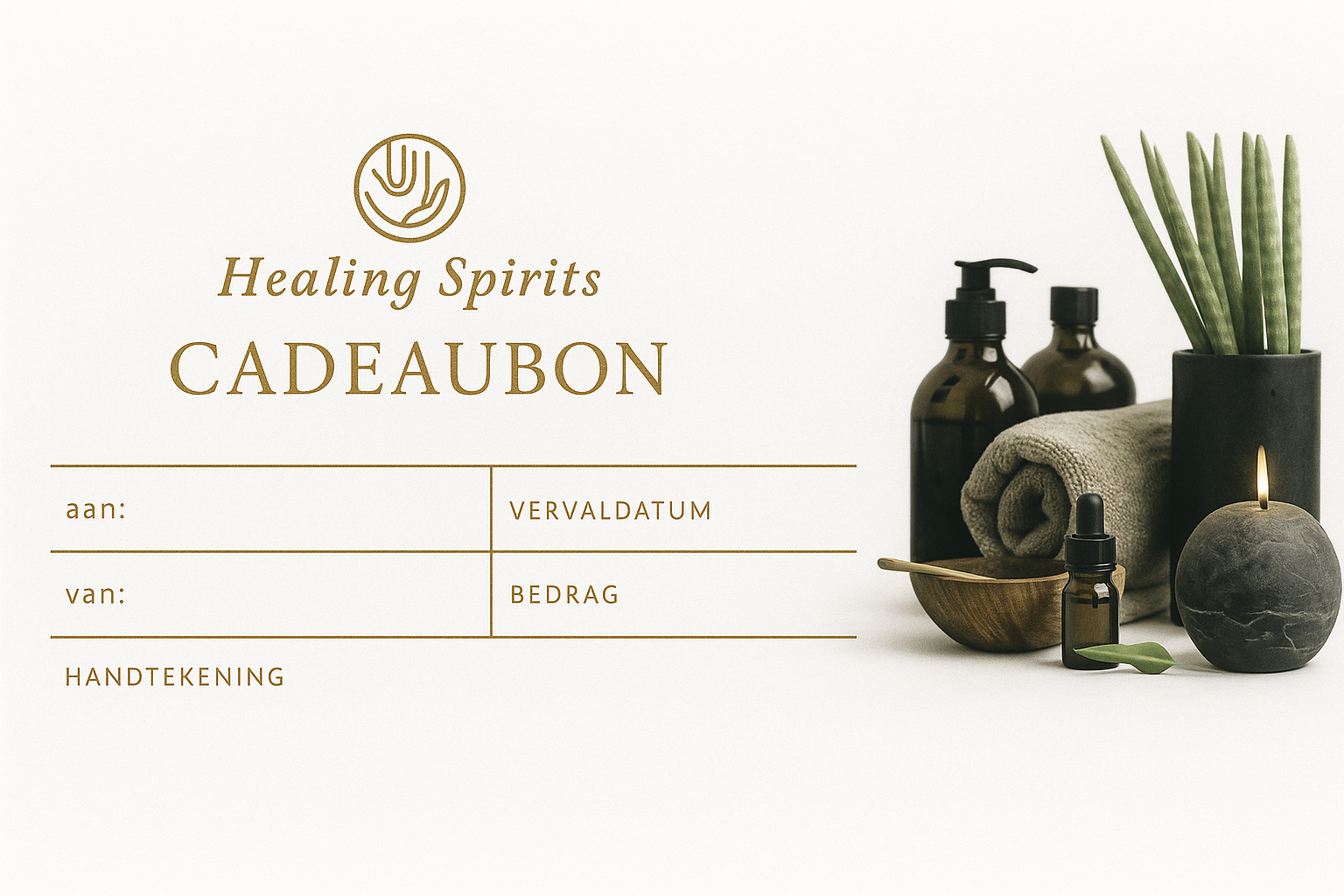 “Stempelkaart van Healing Spirits met vijf vakjes voor behandelingen; na vijf stempels is de zesde behandeling gratis.”<br />
